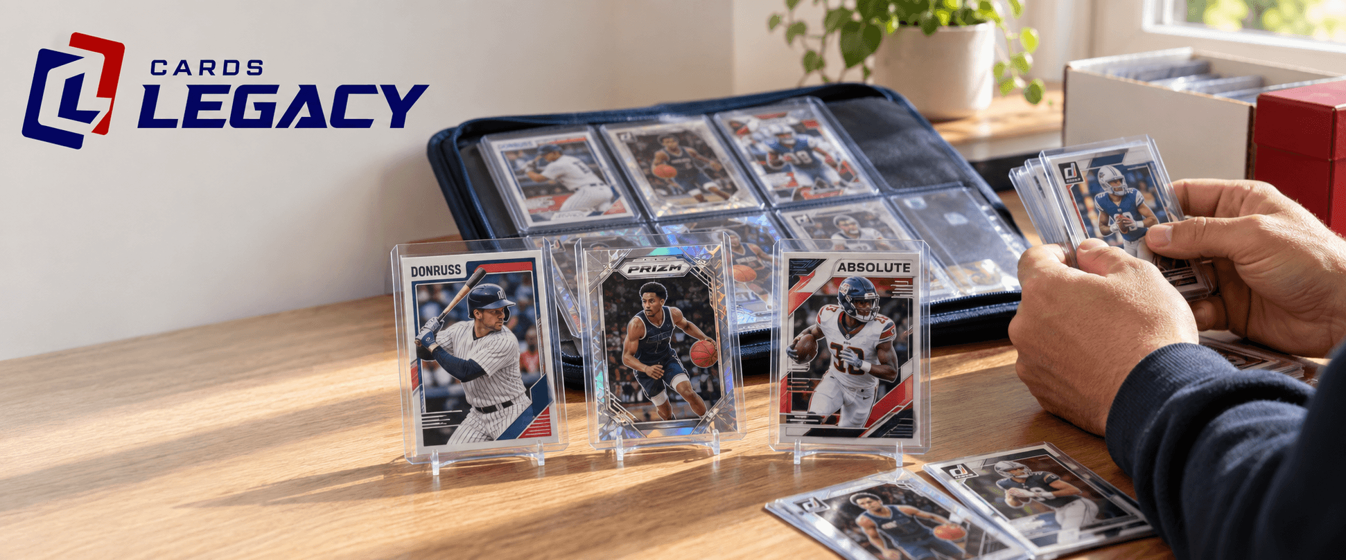 Sports trading cards — baseball, basketball and football singles in display cases with a collector's binder.