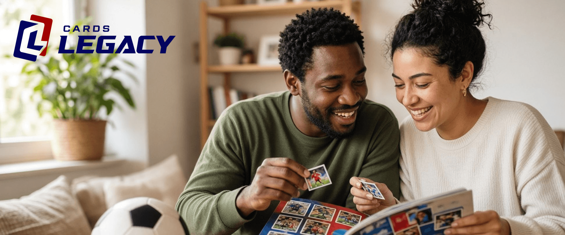 A couple building their World Cup sticker album with Panini soccer stickers and cards.